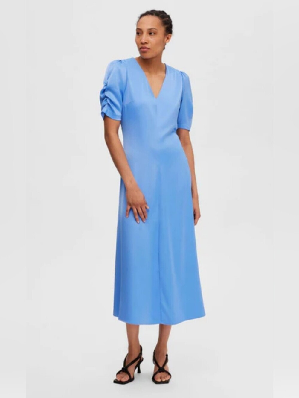 SELECTED Femme Puff Sleeve Ruched Detail Midi Dress Blue Size US 8 Minimalist